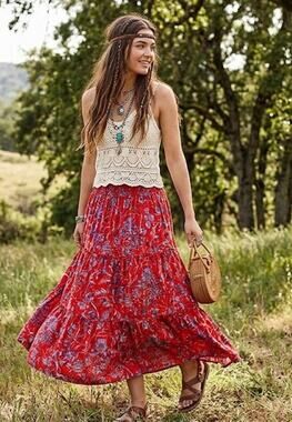 Free People Floral Maxi Skirt Boho Cottagecore Red Purple Tiered Elastic Waist M